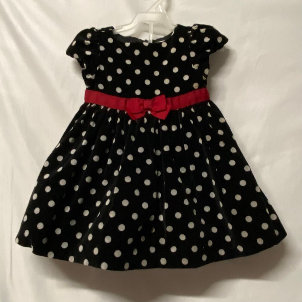 Gymboree Polka Dot Dress Velvet Puff Sleeves Bow Waist Size 12-18 Mos
